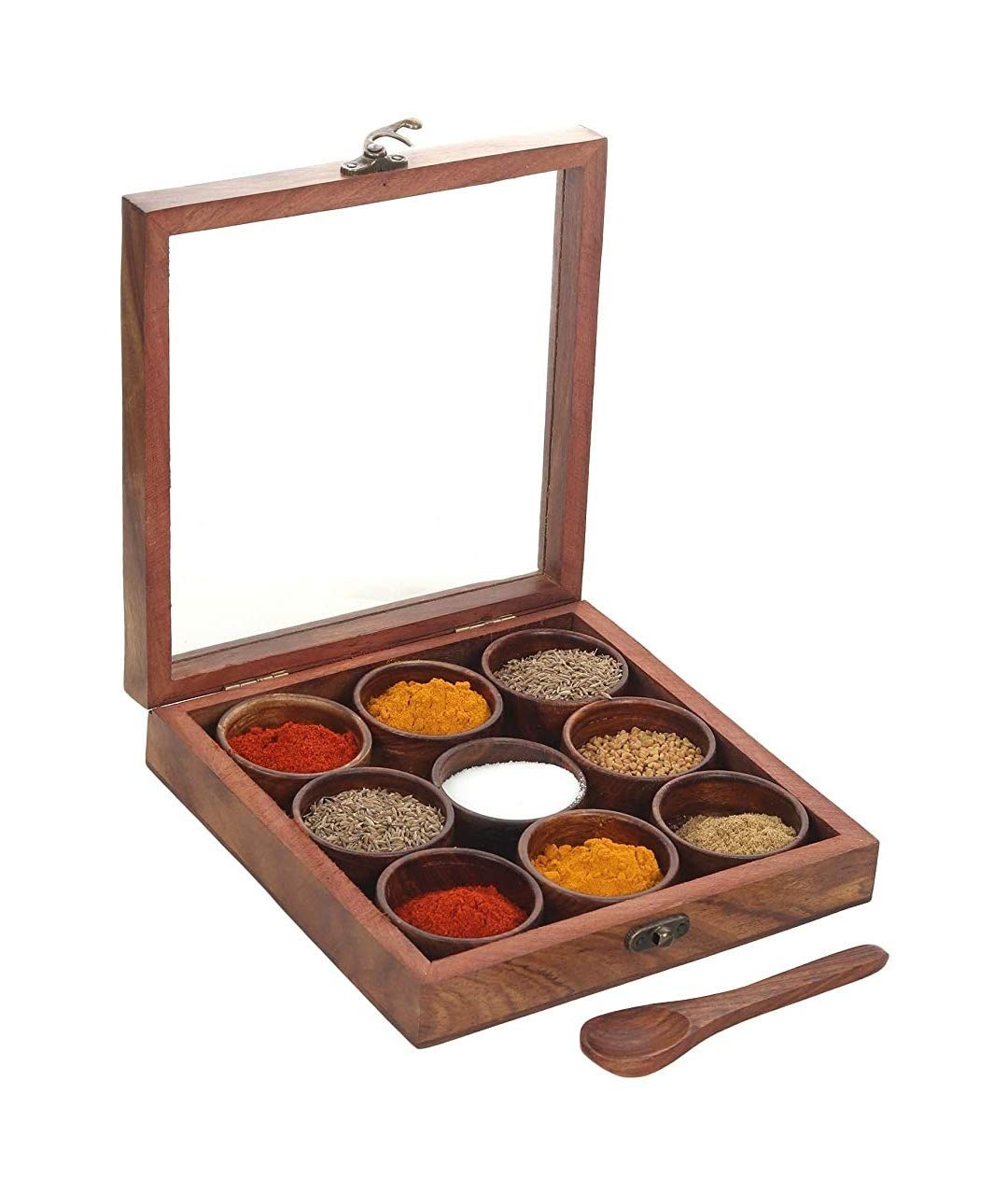 WOODEN SPICE BOX WITH SPOON , MASALA BOX, SPICE RACK ORGANIZER FOR KITCHEN