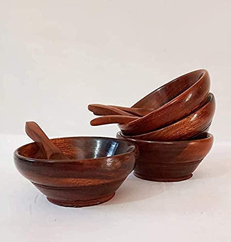 Wooden 4 Serving Bowl With 4 Wooden Spoons - Decorative Cute Bowl