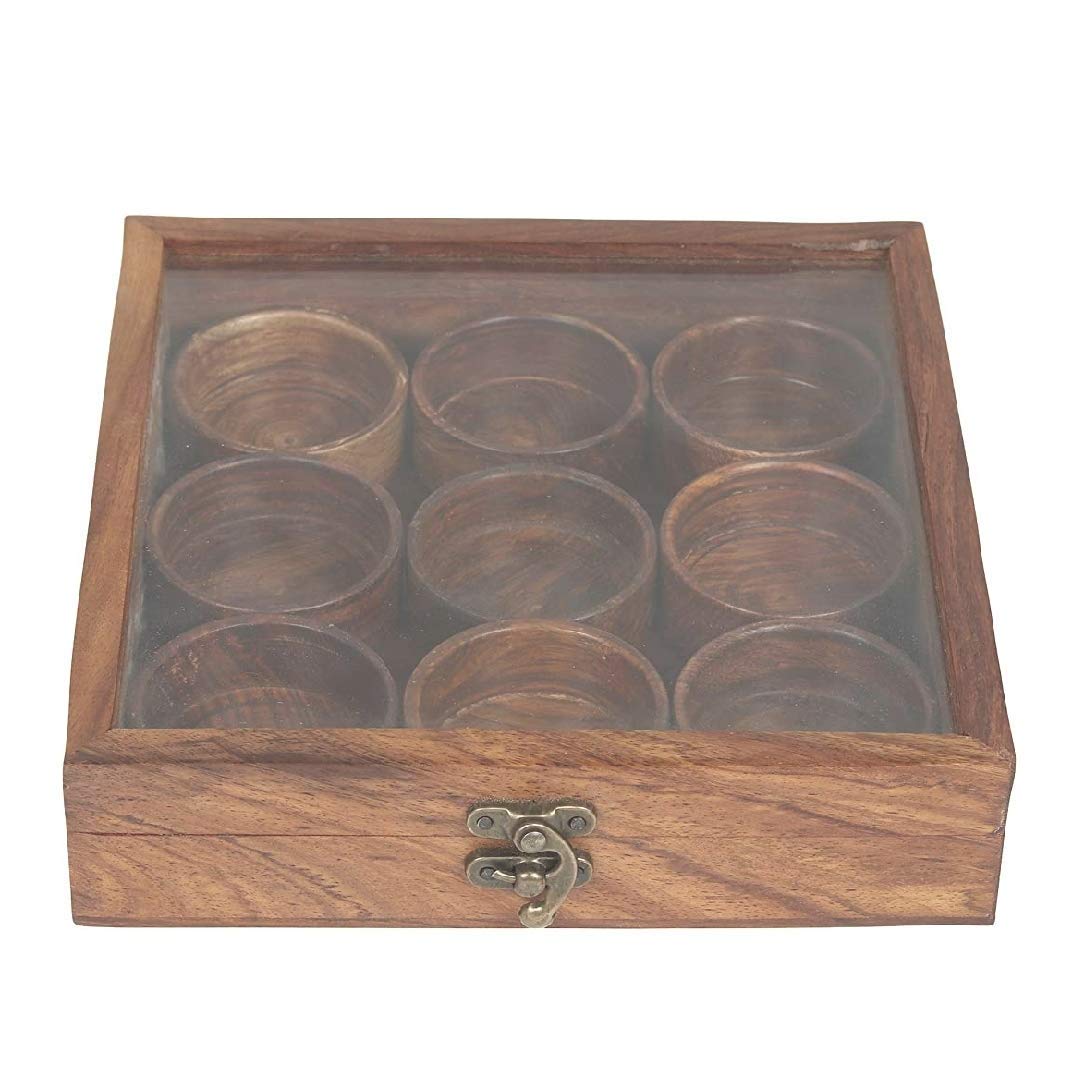 Sheesham Wood, Wooden Spice Box Set for Kitchen Masala, Spice Box, Masala Daani, 9 piece round container, 1 spoon