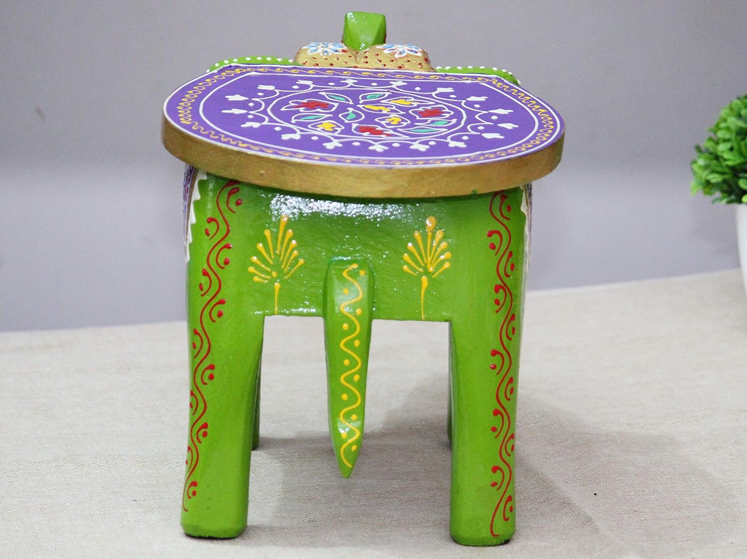 Hand-Painted Colorful Wooden Elephant Stool (Green)