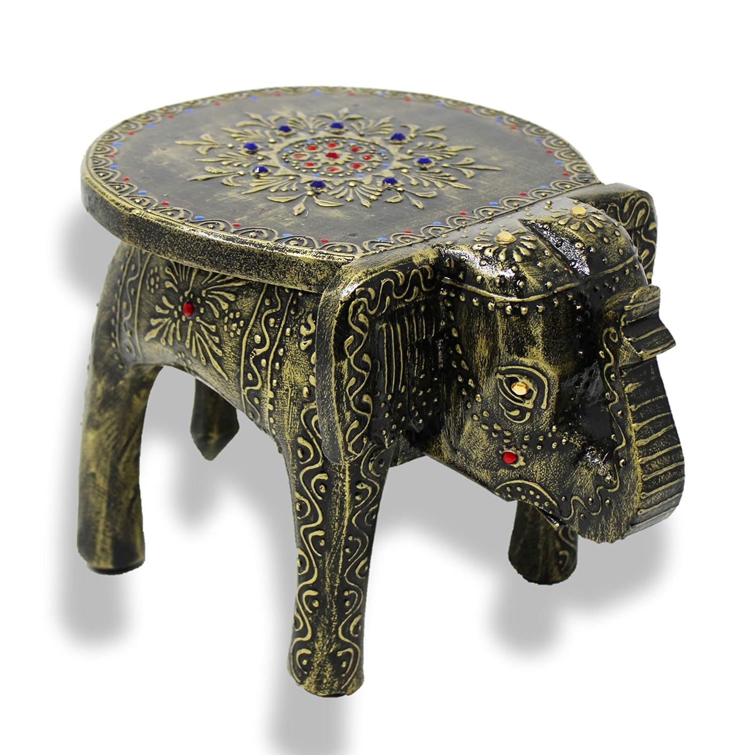 Hand-Painted Colorful Wooden Elephant Stool (Antique Finish)