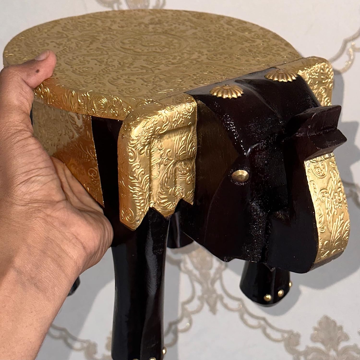 Hand-Painted Colorful Wooden Elephant Stool (Metal Engraved)
