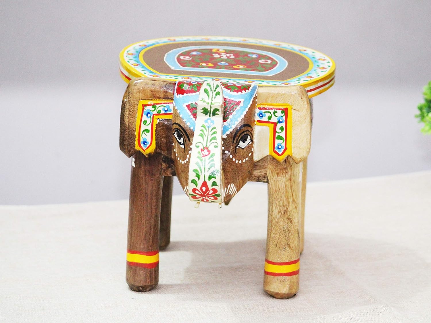 Hand-Painted Colorful Wooden Elephant Stool (Natural)