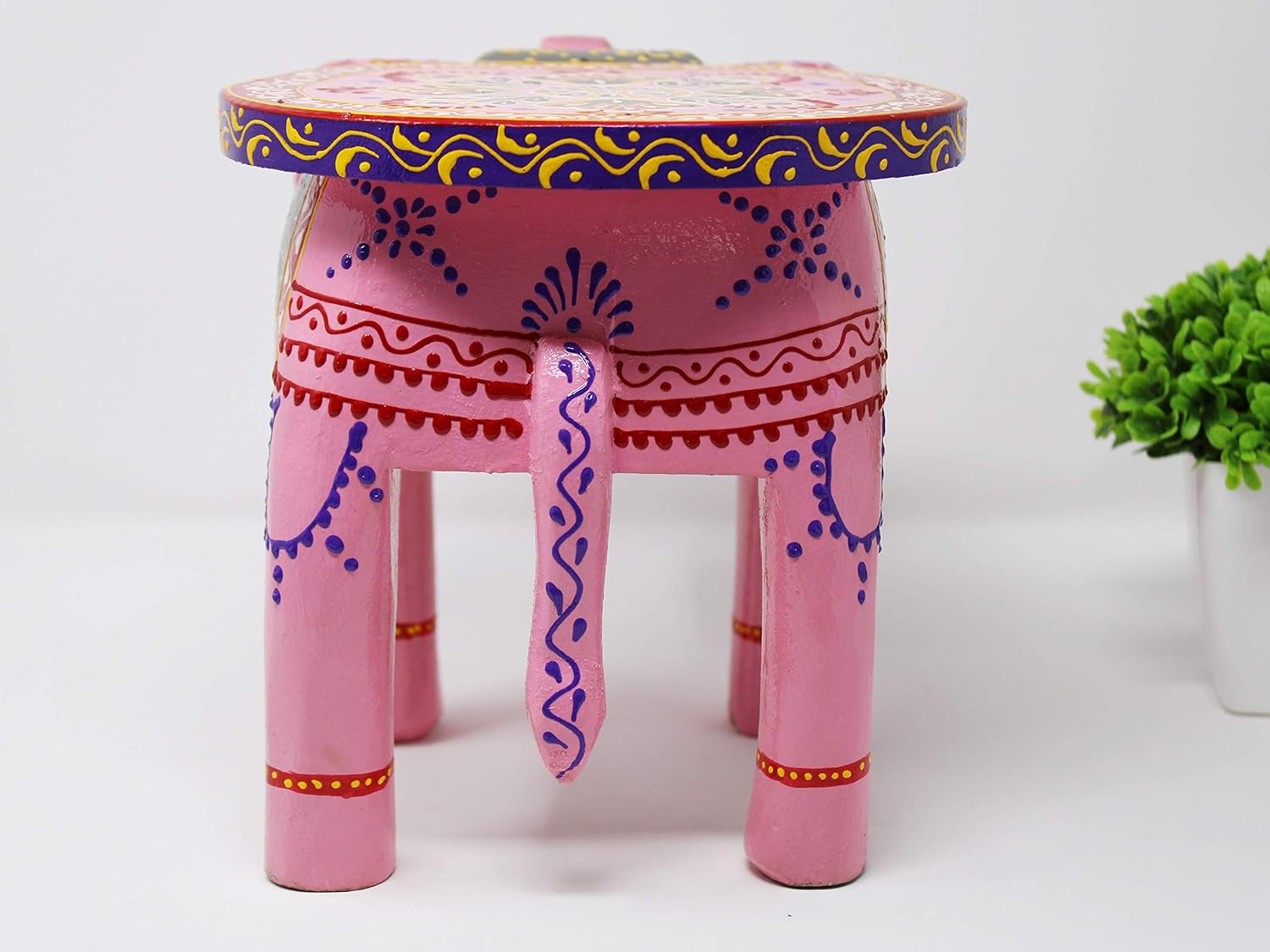Hand-Painted Colorful Wooden Elephant Stool (Pink)
