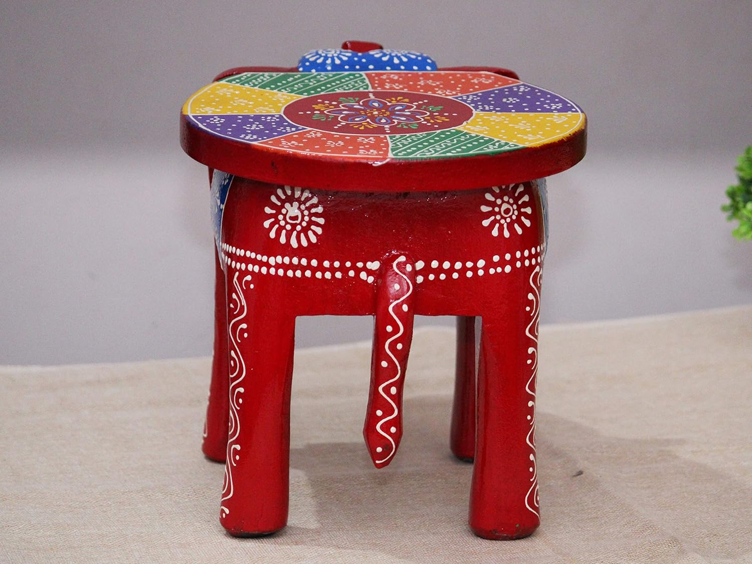 Hand-Painted Colorful Wooden Elephant Stool (Red)