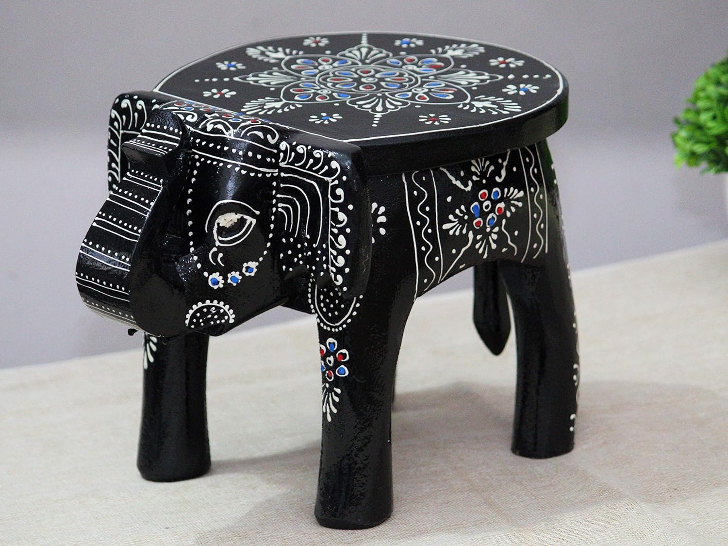 Hand-Painted Colorful Wooden Elephant Stool