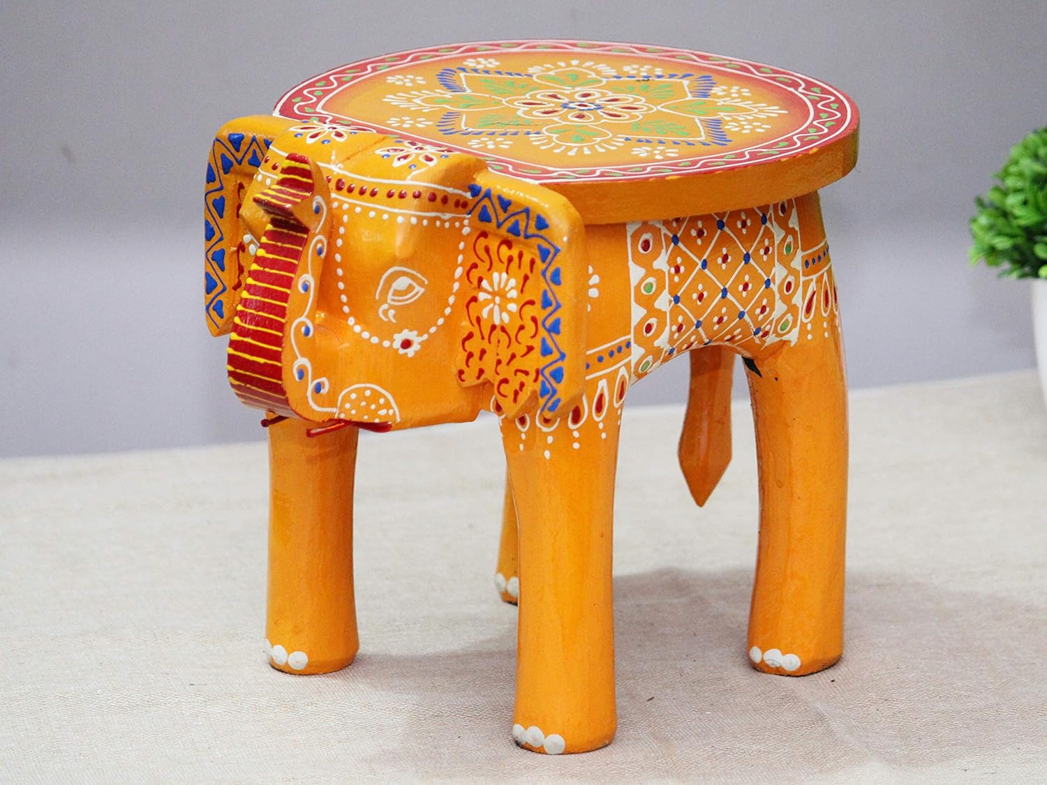 Hand-Painted Colorful Wooden Elephant Stool (Yellow)