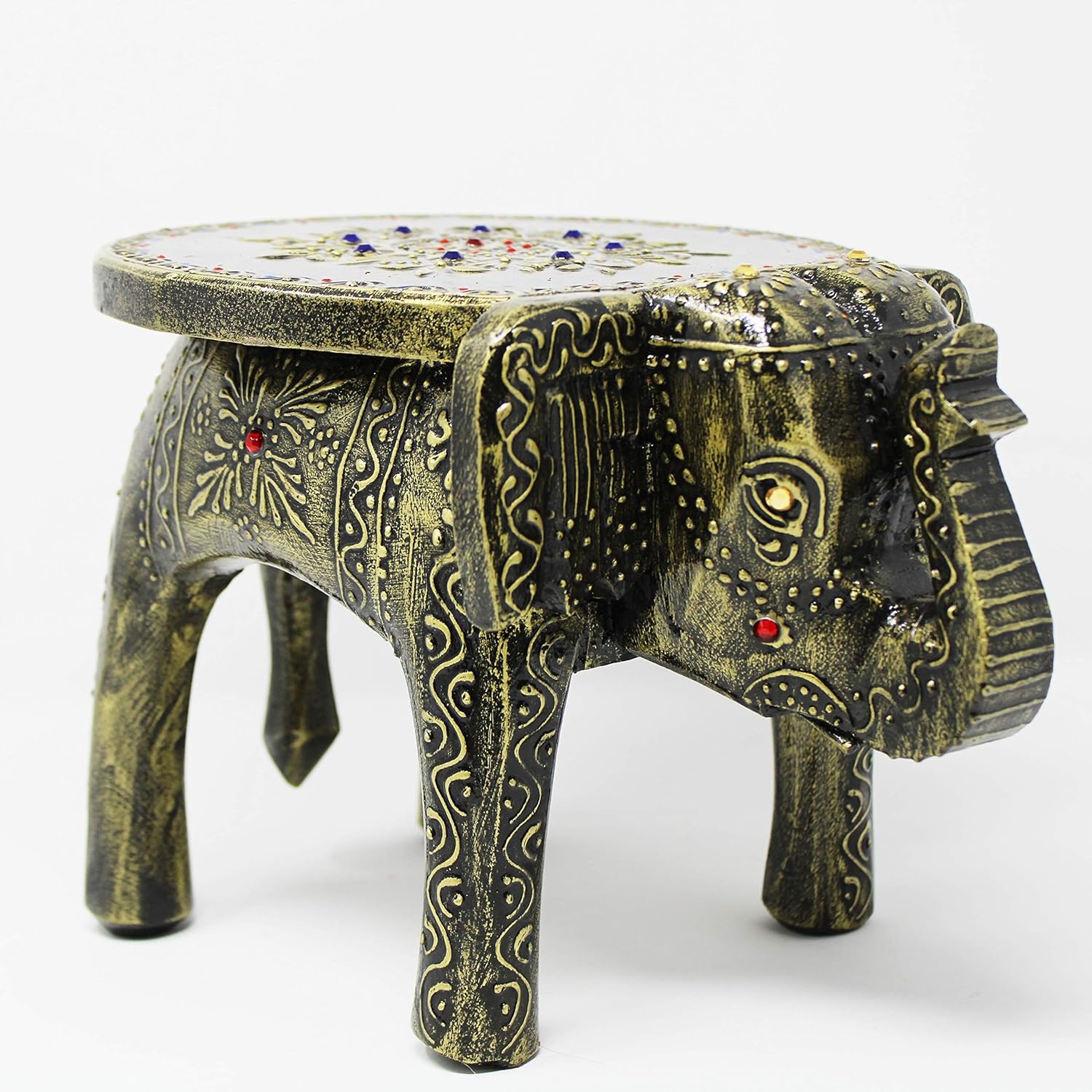 Hand-Painted Colorful Wooden Elephant Stool (Antique Finish)
