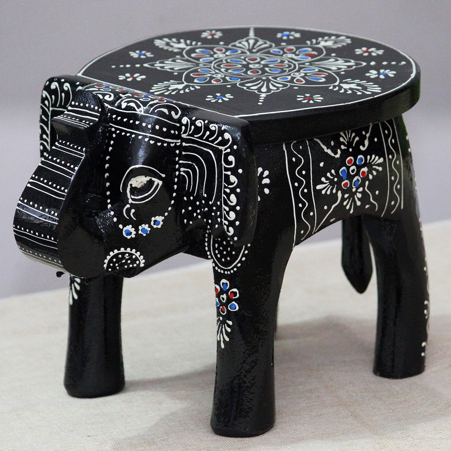 Hand-Painted Colorful Wooden Elephant Stool