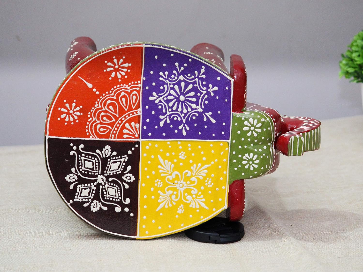 Hand-Painted Colorful Wooden Elephant Stool (Maroon)