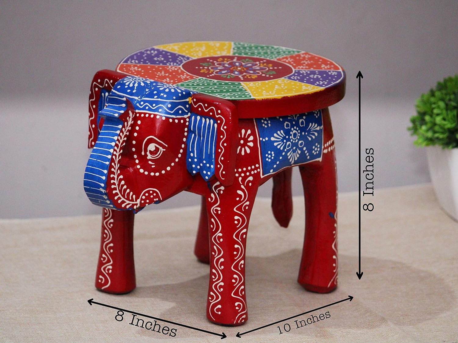 Hand-Painted Colorful Wooden Elephant Stool (Red)