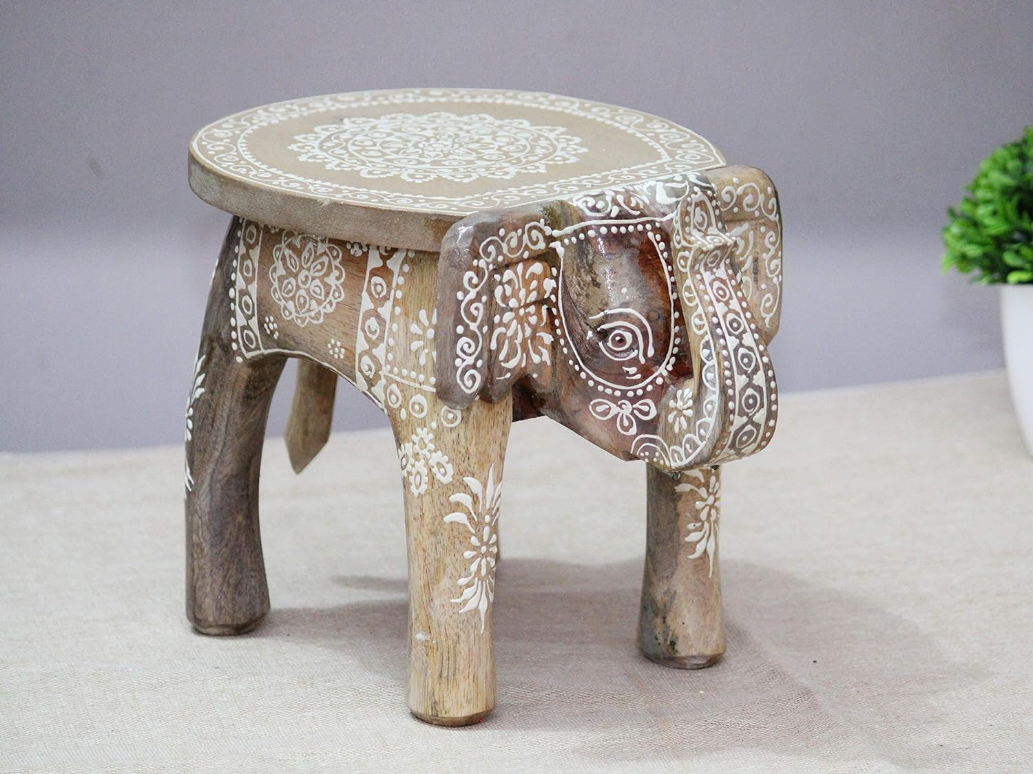 Hand-Painted Colorful Wooden Elephant Stool (Natural White)