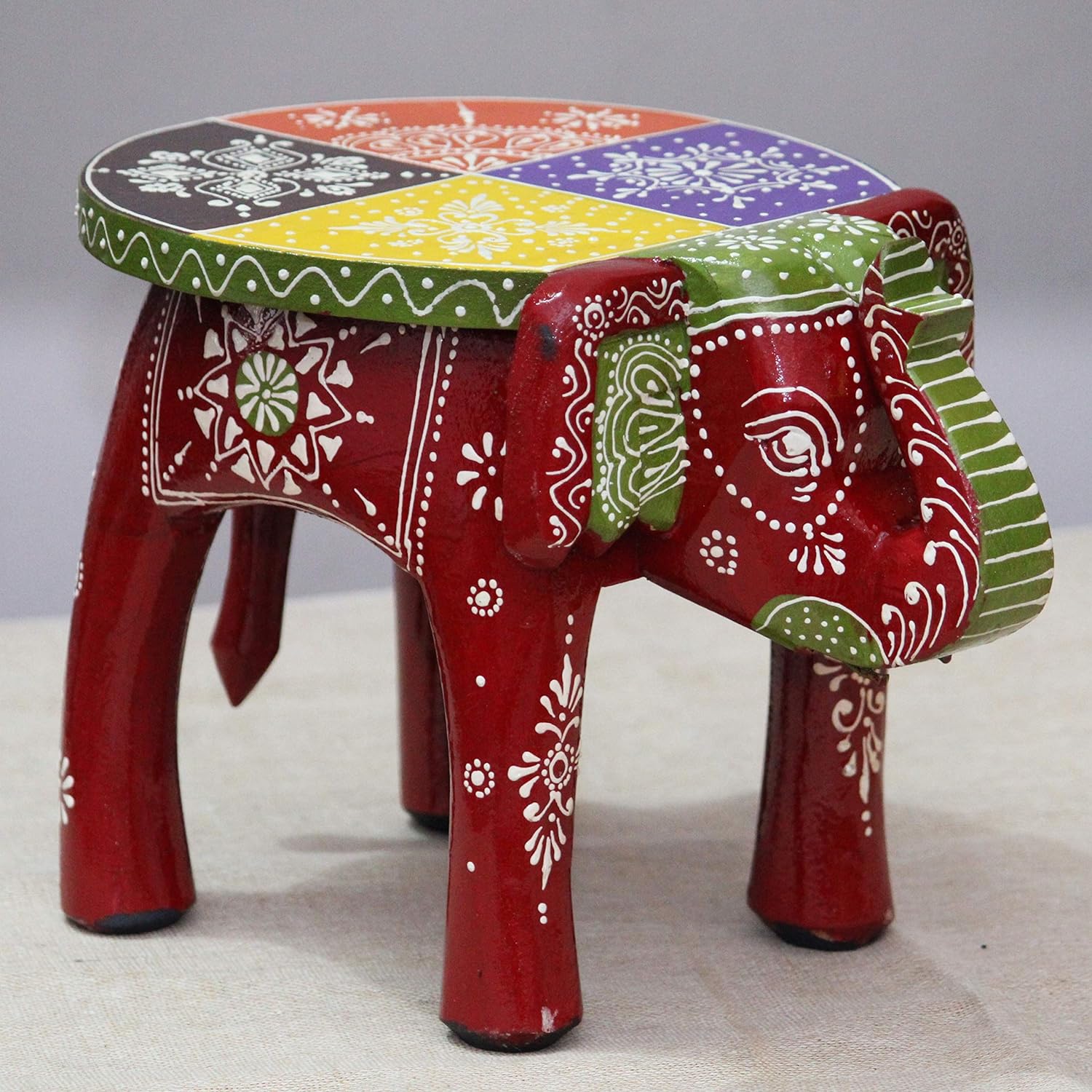 Hand-Painted Colorful Wooden Elephant Stool (Maroon)