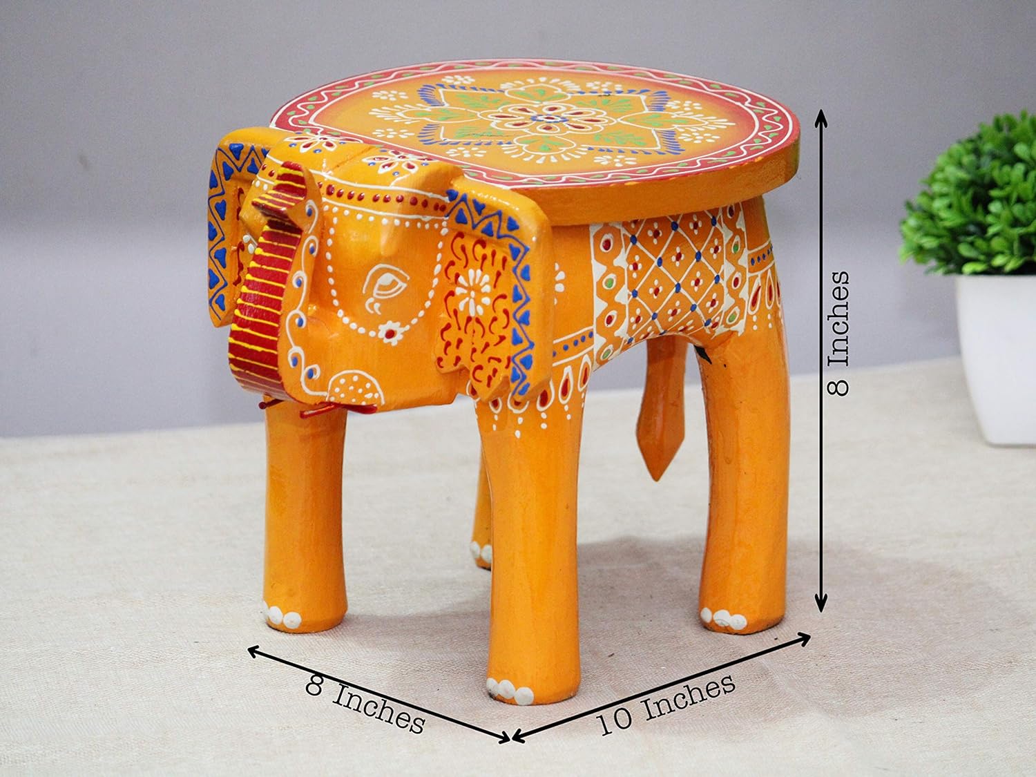 Hand-Painted Colorful Wooden Elephant Stool (Yellow)
