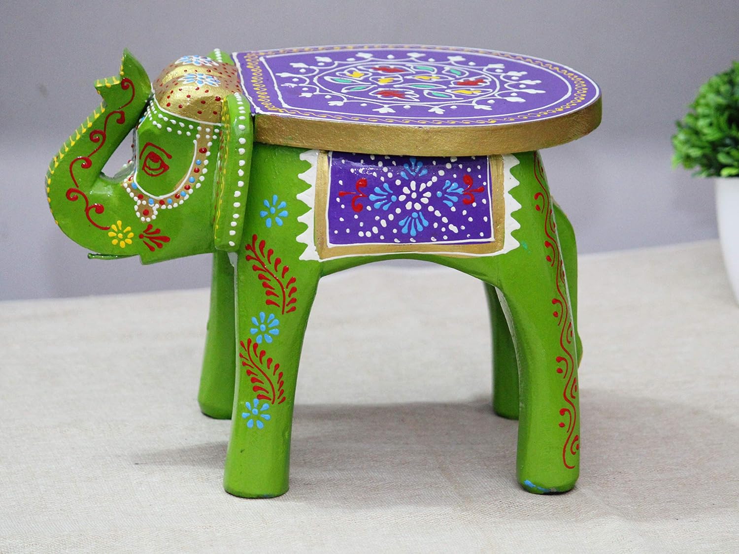 Hand-Painted Colorful Wooden Elephant Stool (Green)