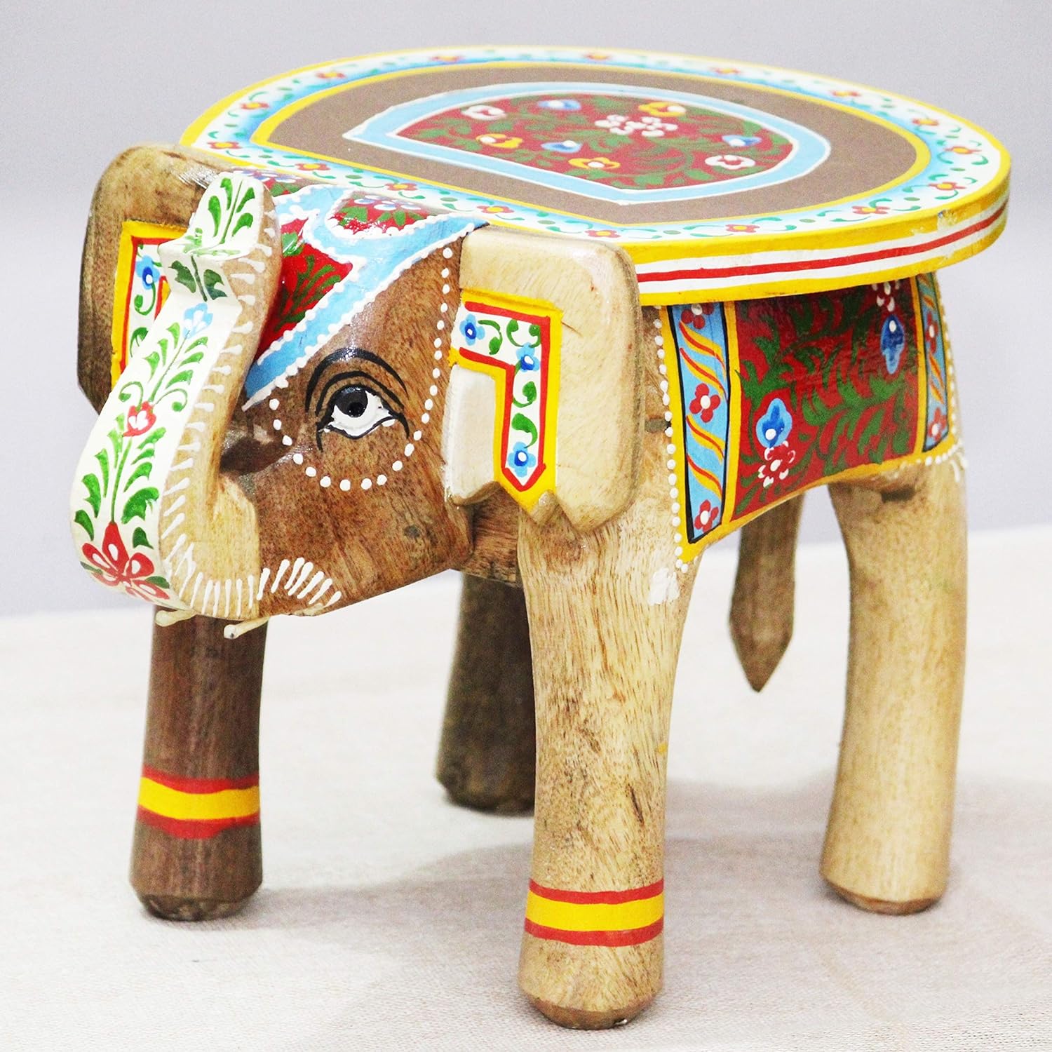 Hand-Painted Colorful Wooden Elephant Stool (Natural)