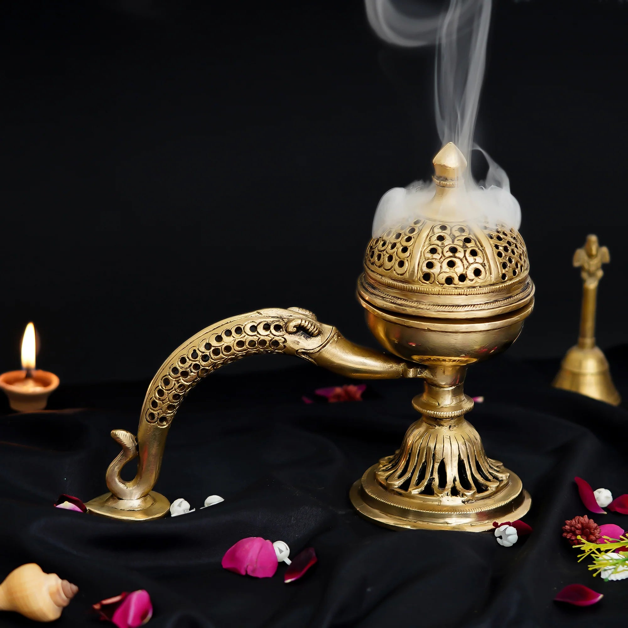 Golden Antique Finish Brass Dhoop Incense Burner with Handle