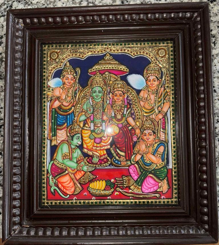 Semi Embossed Rama Parivar Tanjore Painting with Frame, Pooja Room Decor
