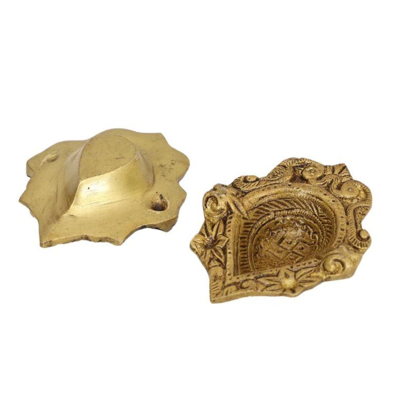 Brass Akhand Diya Swastik carved | Oil-lamp deepak | Set of 2