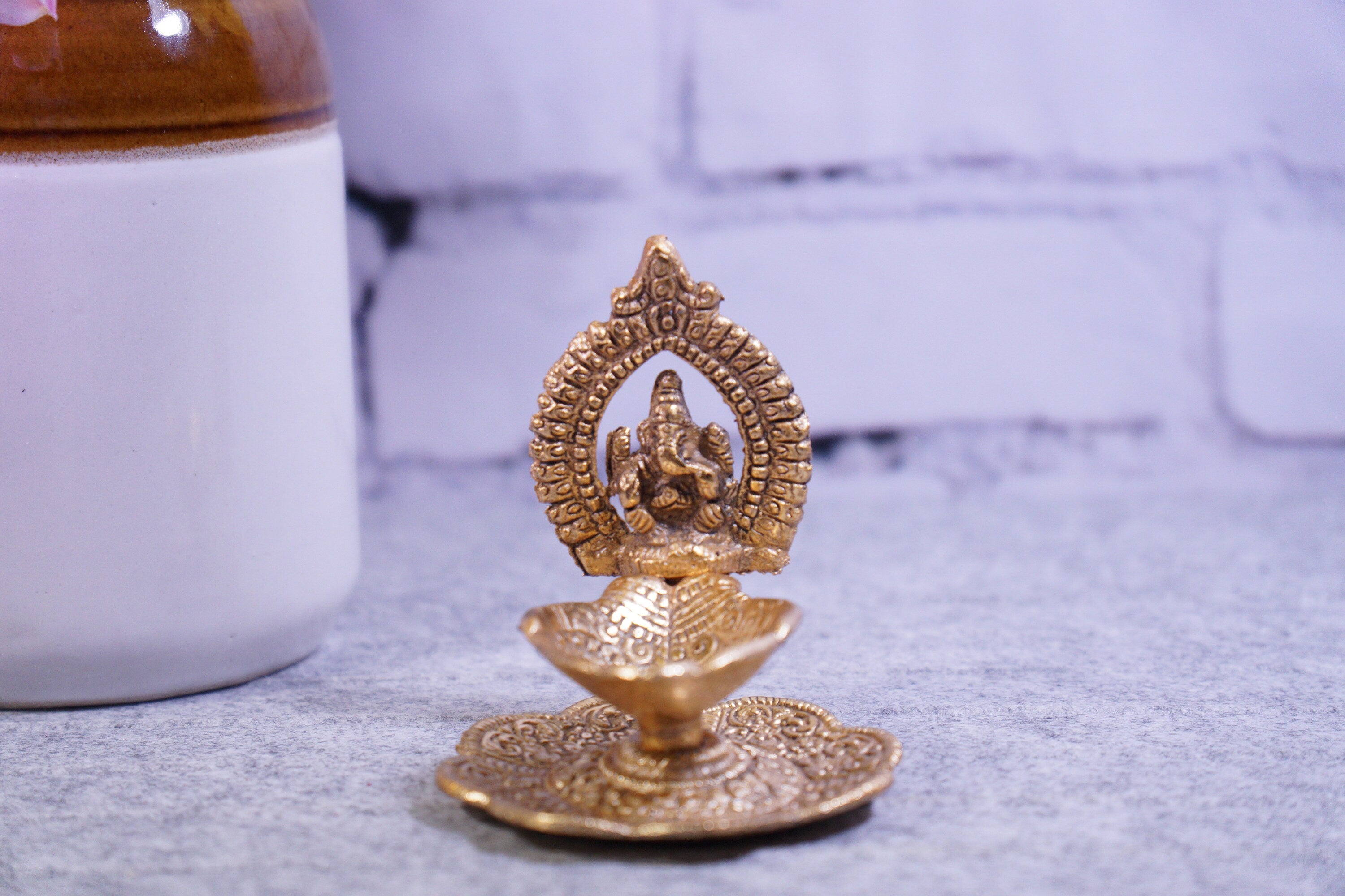Metal Aarathi Ganesh Diya Pair in Metal in Hand Golden Finish| Set of 2