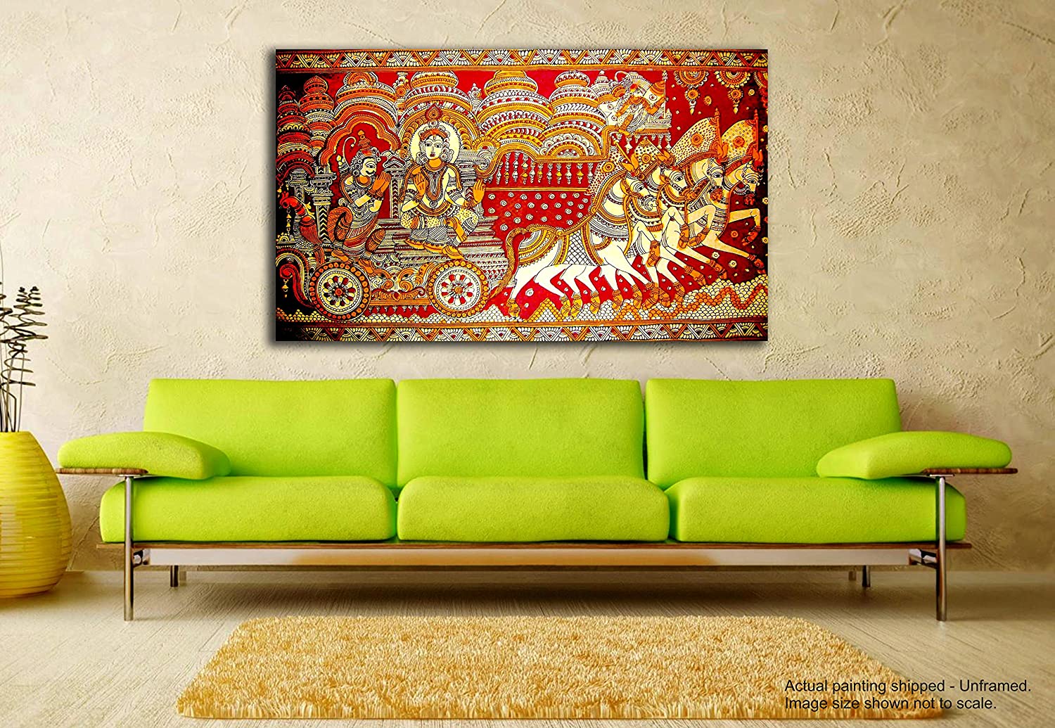Madhubani Art Canvas Painting of KrishnaArjun on Chariot | Traditional Art Unframed Painting for Home (Made to Order)