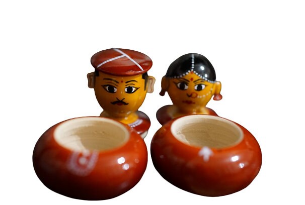 Wooden Handcrafted, Man and Woman shaped tool to store turmeric and saffron