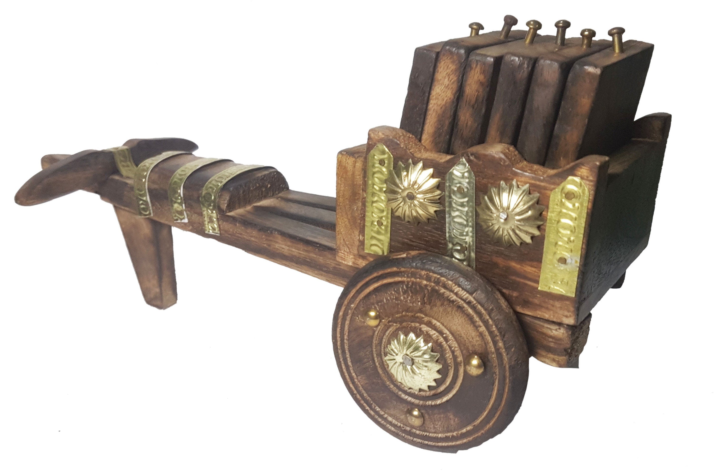Wooden Handcrafted Mobile Bullok Cart Shaped Coasters (6 Pcs) with Gold color Metal Embedding