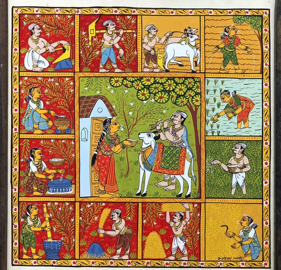Indian Culture, People, Traditions depicted by rare and narrative eco-friendly Cheriyal Paintings