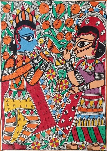Handmade Mithila or Madhubani Painting of Lovely Radha-Krishna (Made to Order)