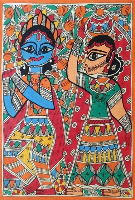 Peinture Mithila ou Madhubani faite à la main de Lovely Radha-Krishna (faite sur commande)