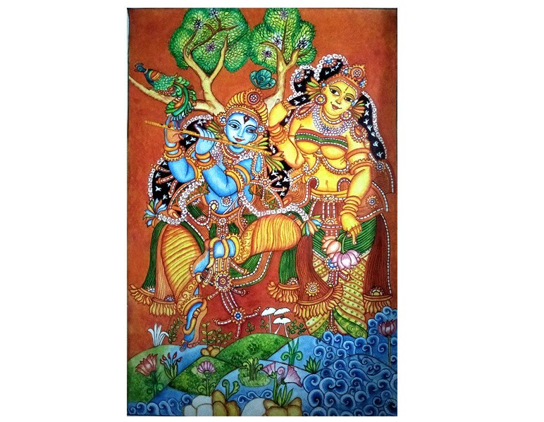 Handmade Mural painting of Radha-Krishna with either acrylic colors on Canvas or Natural colors on Canvas (Murals)