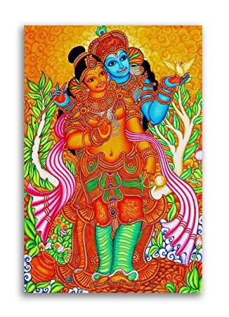 Peinture murale faite à la main de Radha-Krishna avec des couleurs acryliques sur toile ou des couleurs naturelles sur toile (murales)