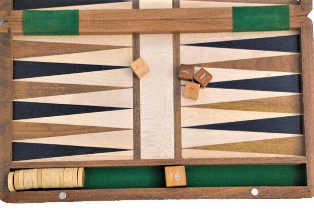 Exotic Hard Wood Backgammon Set and the Game Pieces - 14" Wooden Folding Board Travel Set