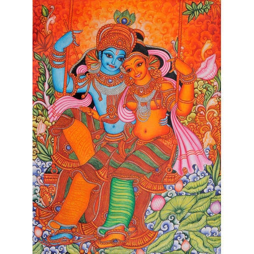 Handmade Mural painting of Radha-Krishna with either acrylic colors on Canvas or Natural colors on Canvas (Murals)