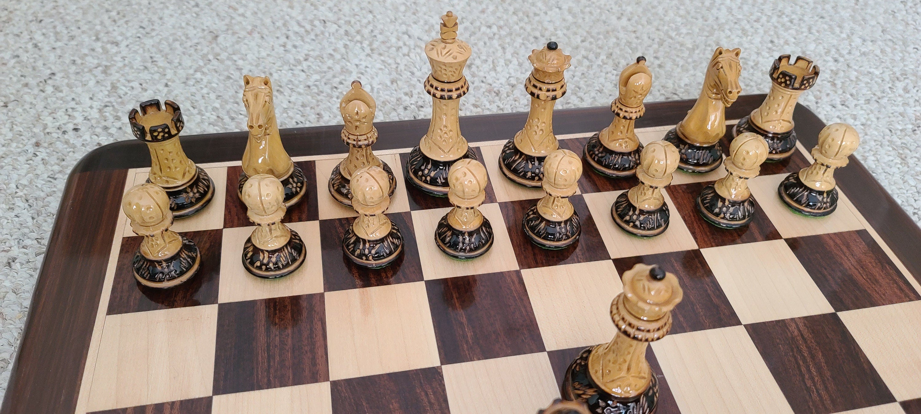 Combo Chess Set Anjan Wood Board with Handcarved Burnt Staunton Style Club Series Tournament Chess set Combo (Board + Pieces)
