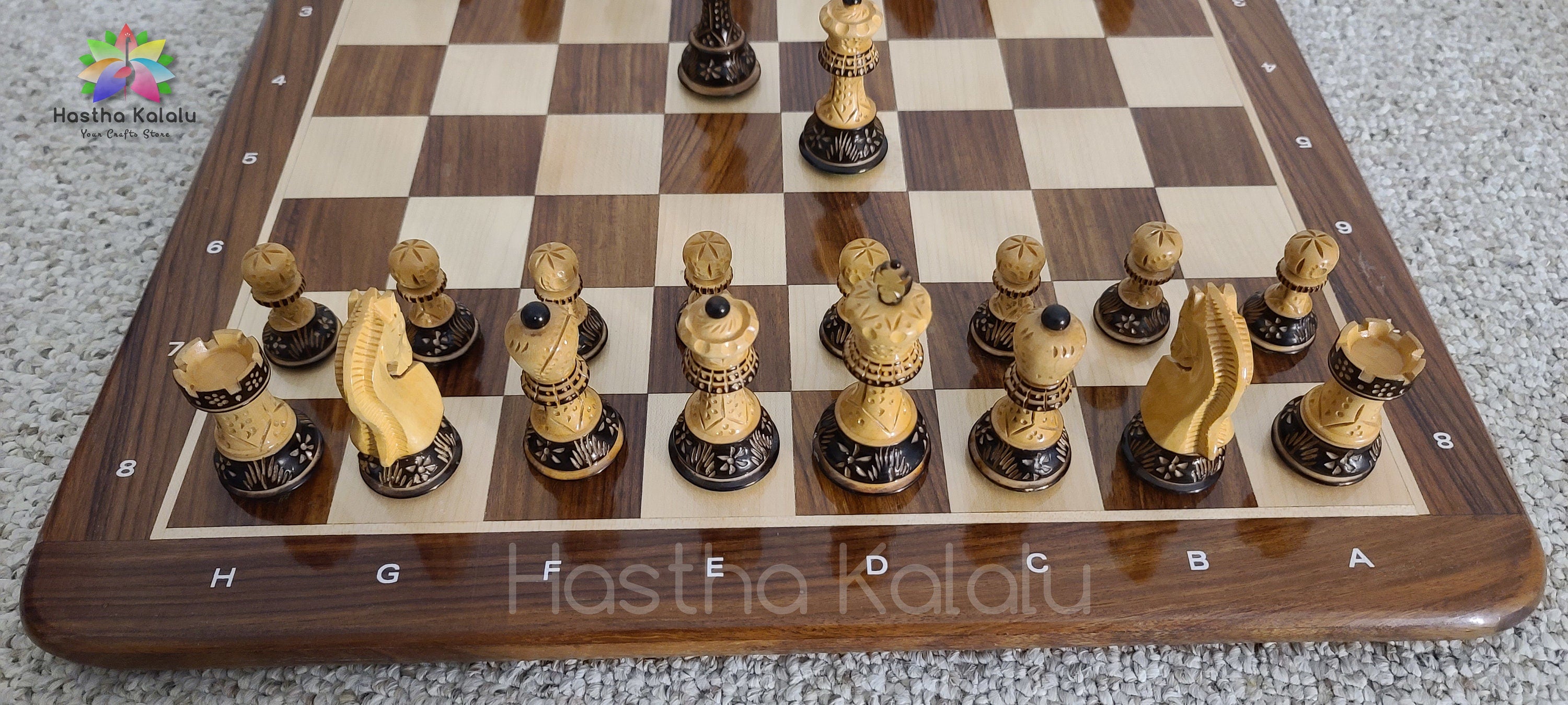 Combo Chess Set Sheesham Board with 1959 Reproduced Russian Zagreb Chess Pieces, Burnt and Laquered, Weighted Chess set