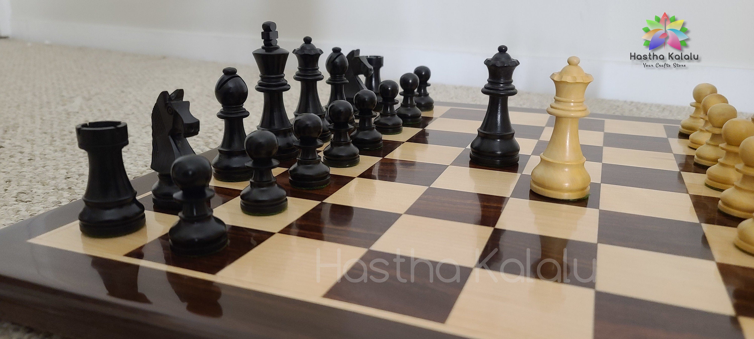 Anjan Wood Board with Ebonized Staunton Style, Weighted, Wooden Chess set German Knight with King