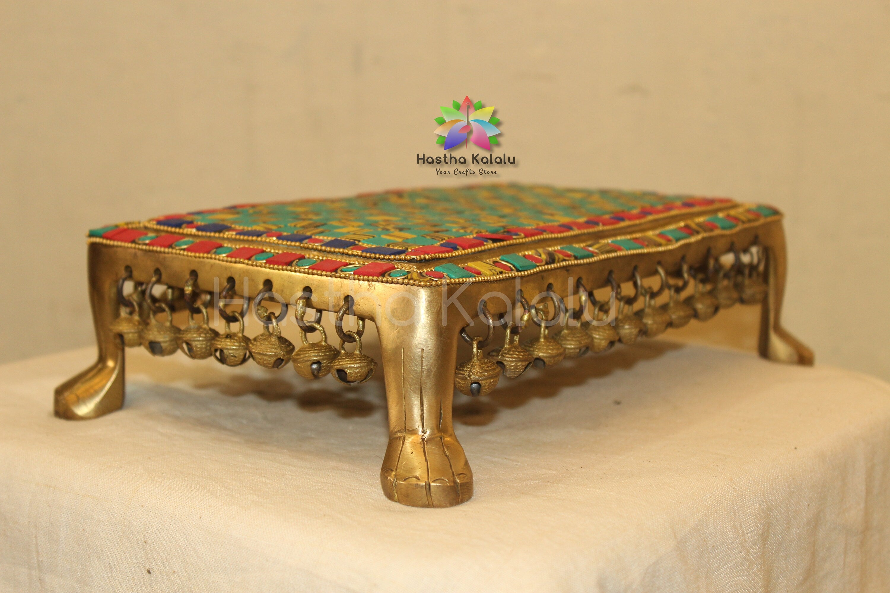 Traditional Brass Torquioise Inlaid Four Pillar Brass Chowki Detailed Altar/table