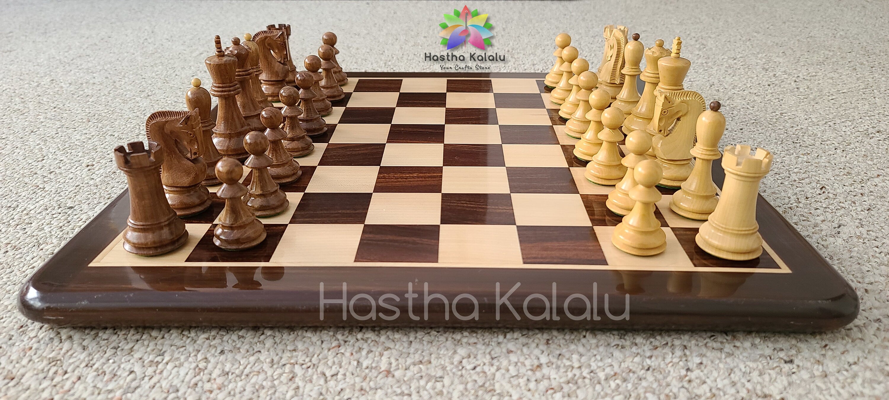 Anjan Wood Board with Reproduced Russian Zagreb Chess Pieces with Rosewood-Boxwood King 4" Weighted (Board + Pieces)