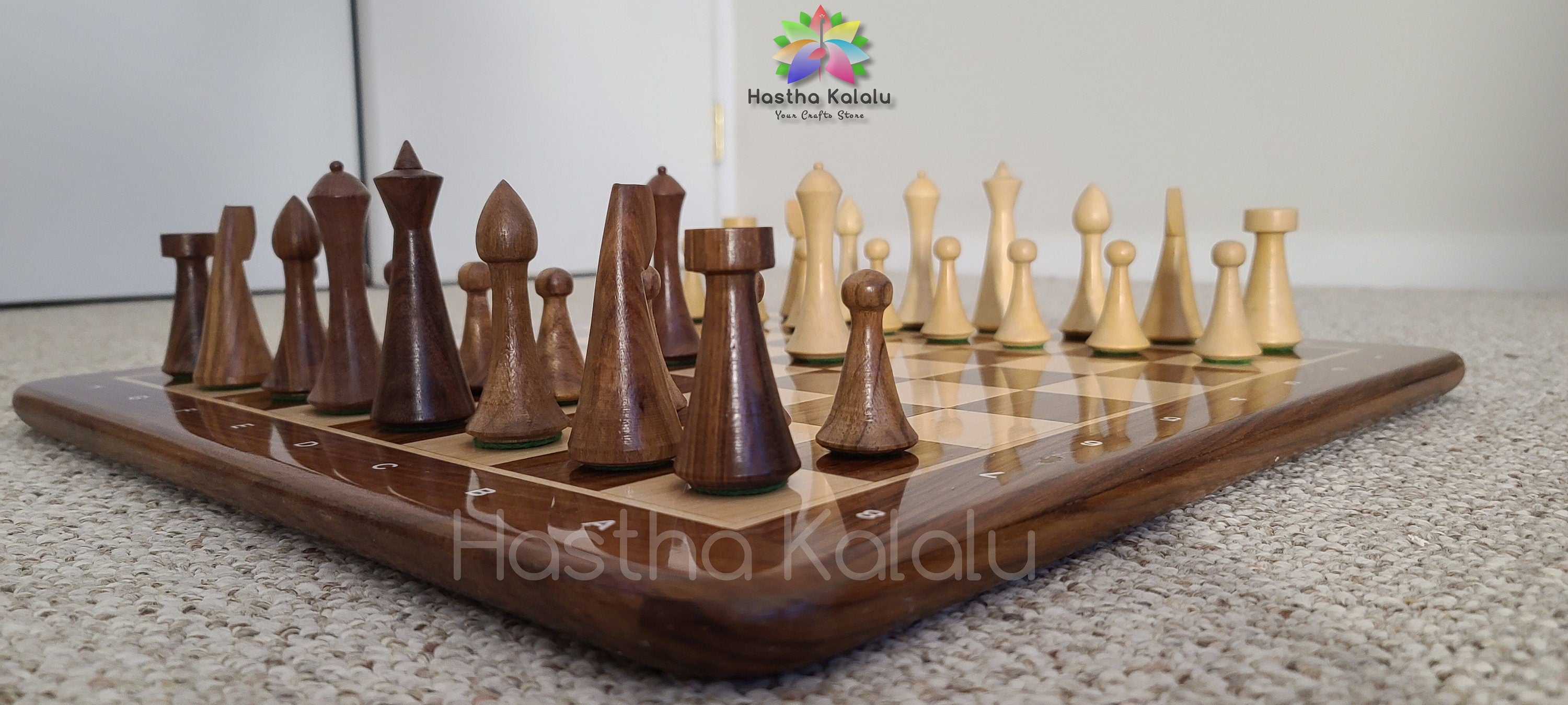 Jeu d'échecs combiné en Sheesham avec pièces d'échecs Hermann Ohme reproduites