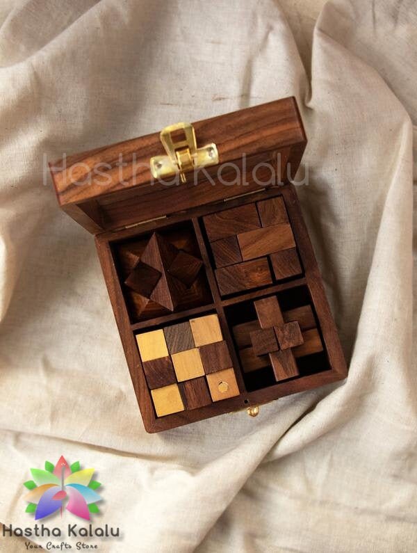Handcrafted Wooden Puzzles With Box (Set of 4)