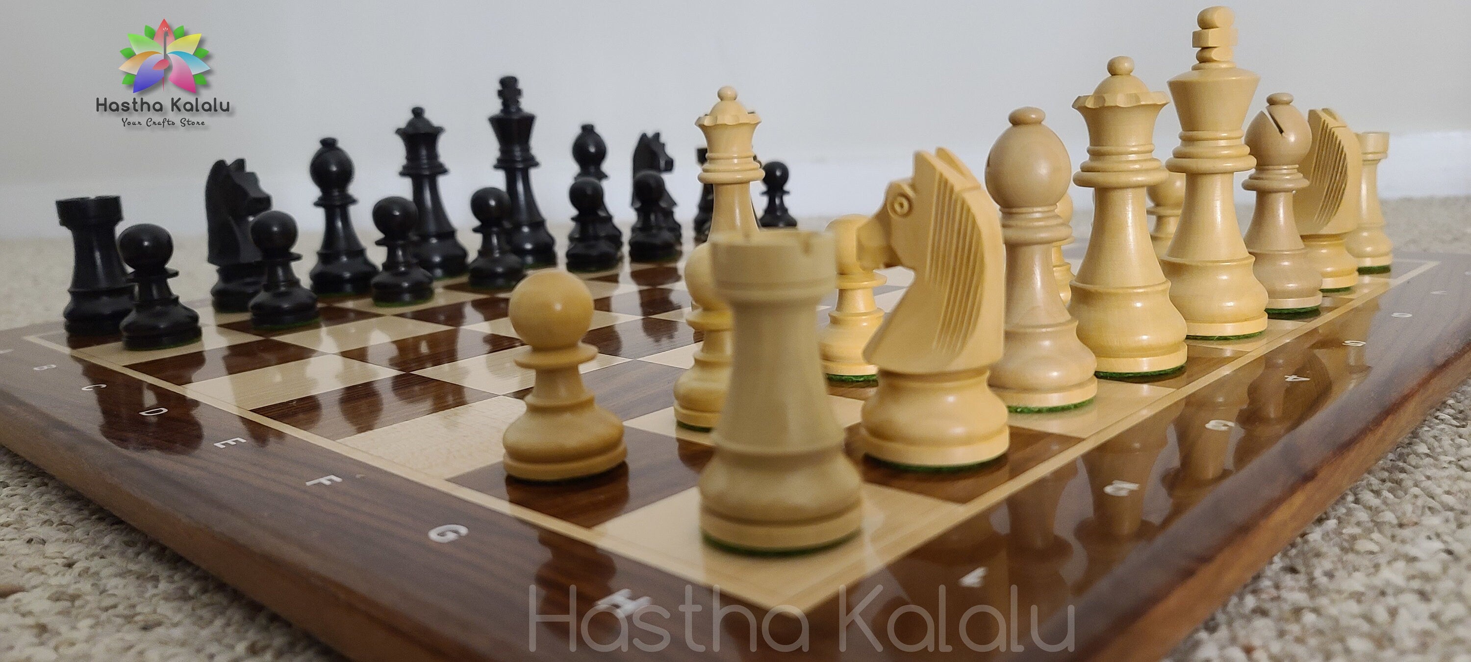 Combo Chess Set Sheesham Board with Ebonized, Staunton Style, German Knight Weighted Chess Pieces King 3.75" Combo/ Fathers day Gift