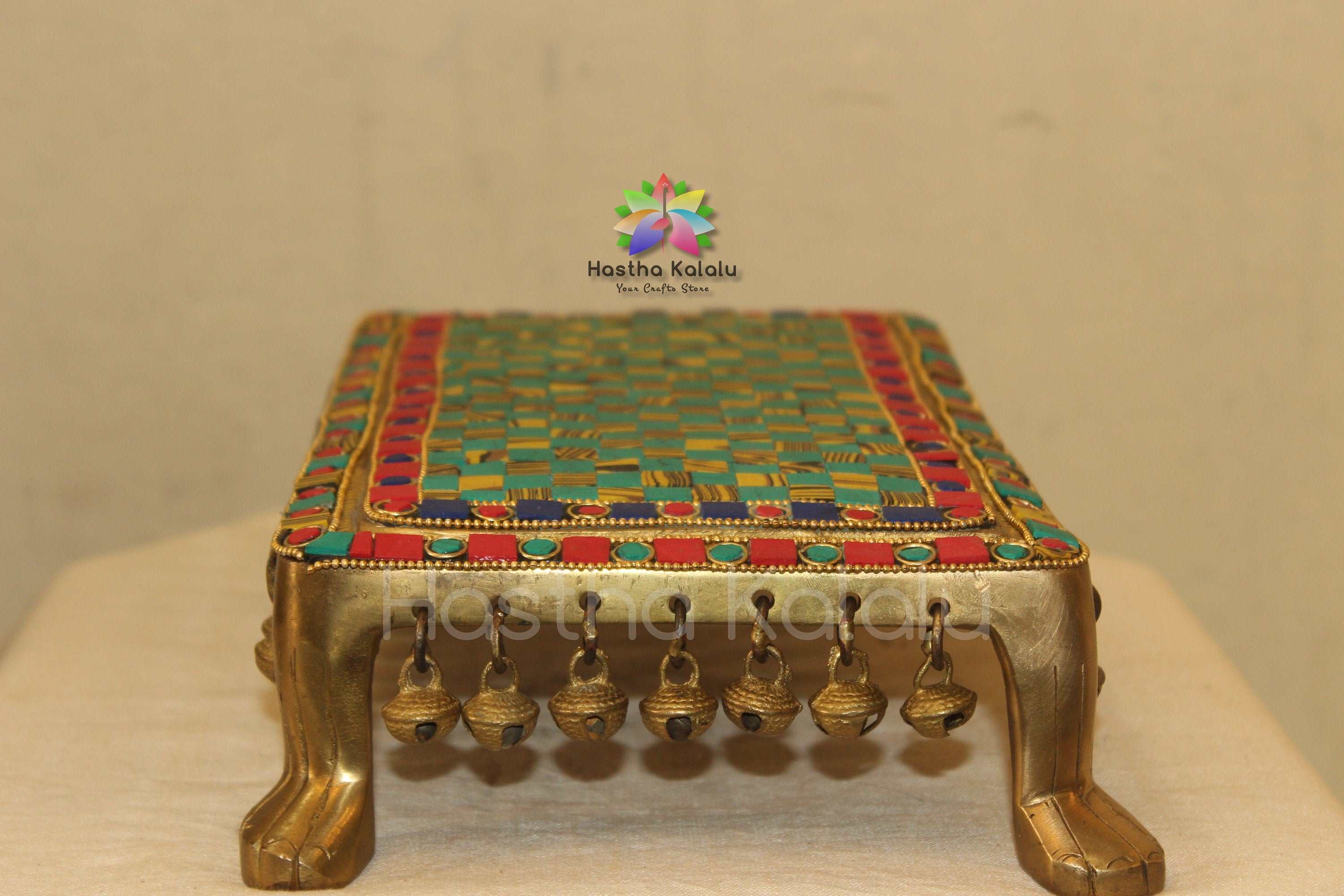 Traditional Brass Torquioise Inlaid Four Pillar Brass Chowki Detailed Altar/table