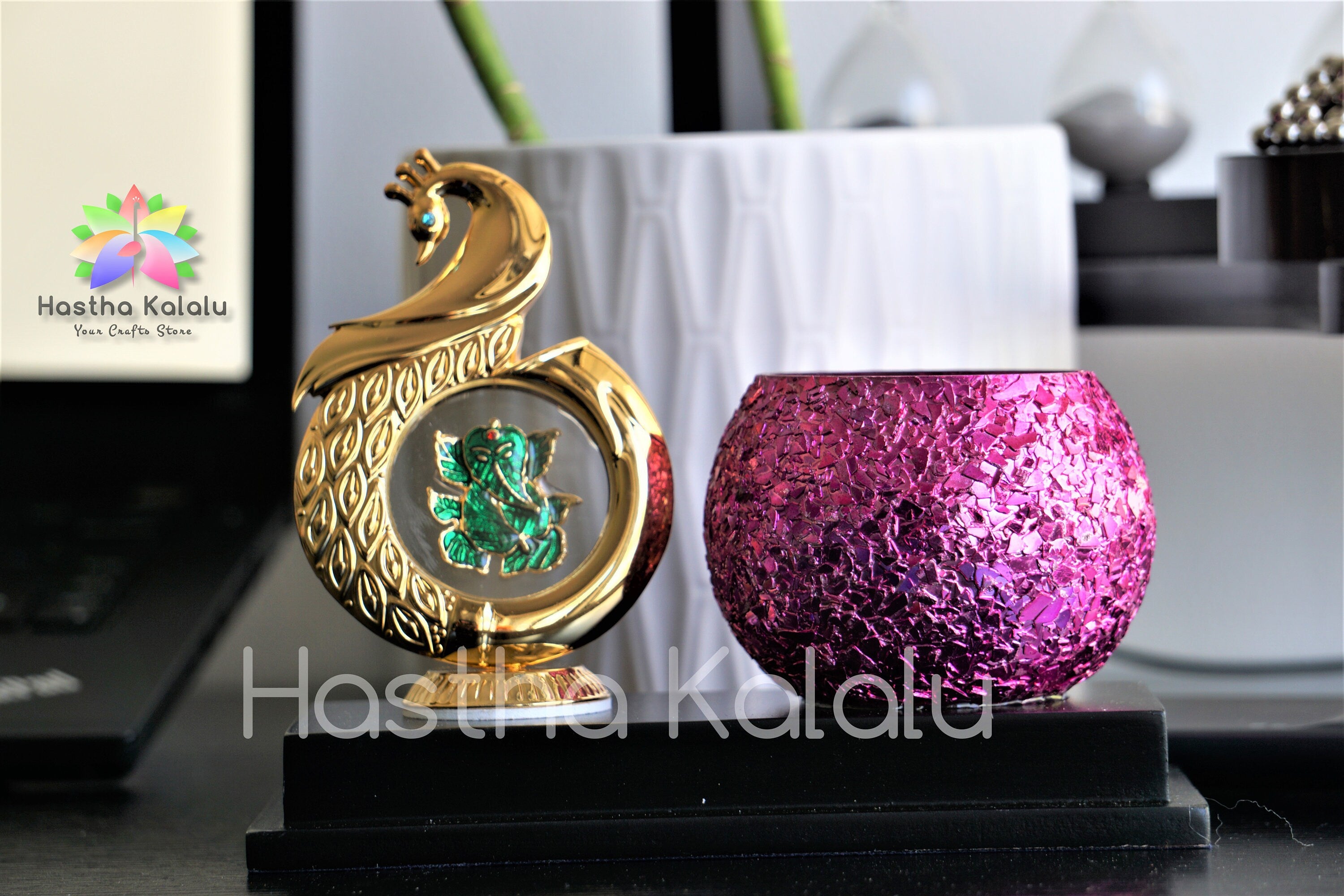 Peacock Design Gold Plated Ganesh with Candle Holder