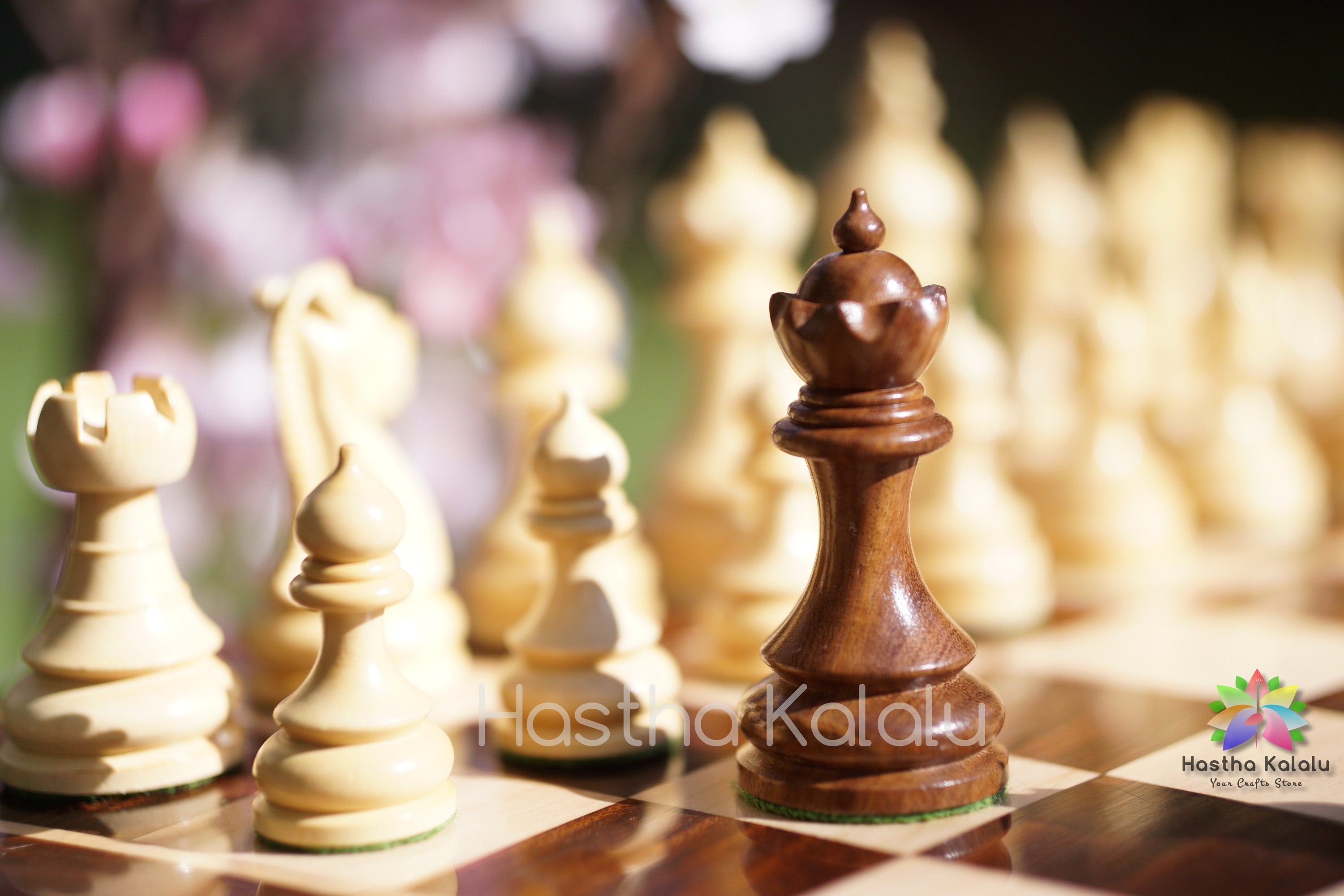 Anjan Wood Board with Hand Carved Weighted Rosewood Chess Set with King 4.0" (Combo, Board + Pieces)