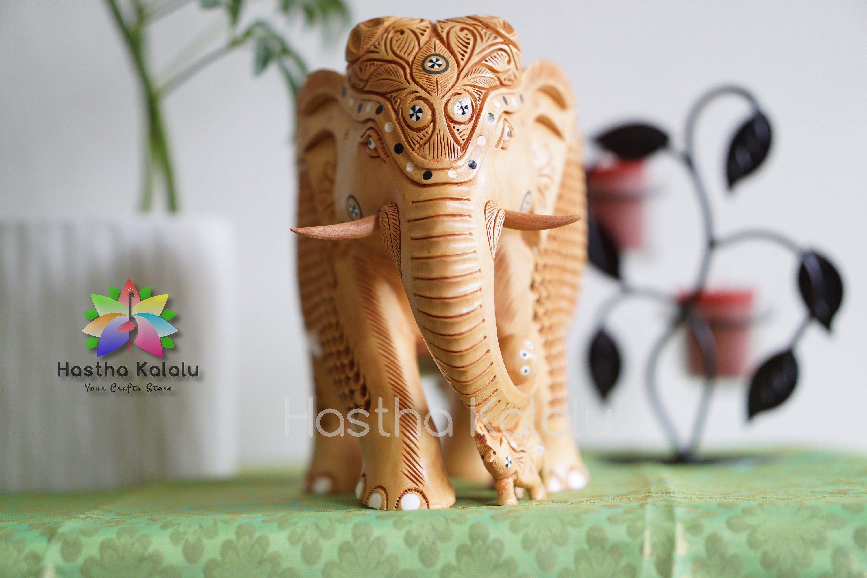 Handmade Undercut Wood Carved Stone Studded Elephant Figurine
