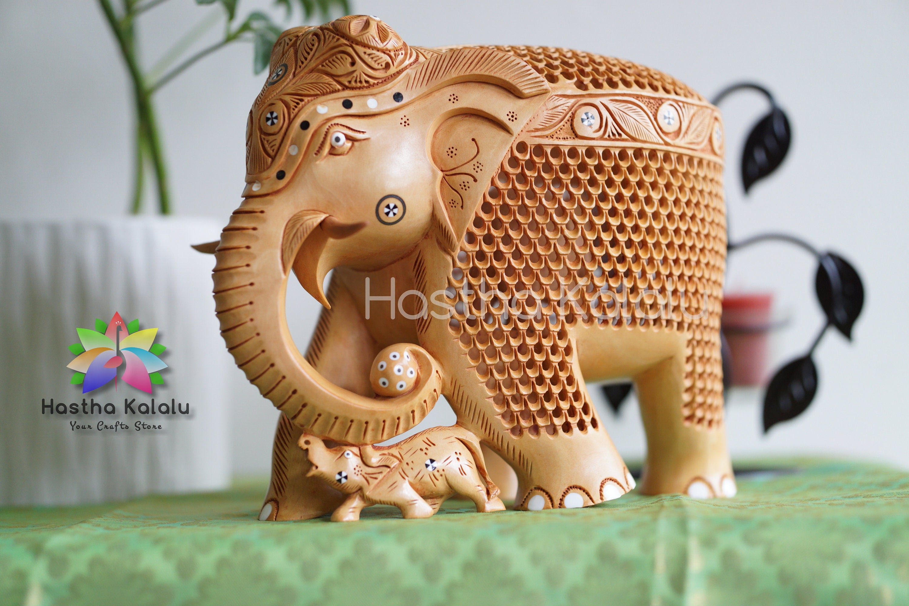 Handmade Undercut Wood Carved Stone Studded Elephant Figurine