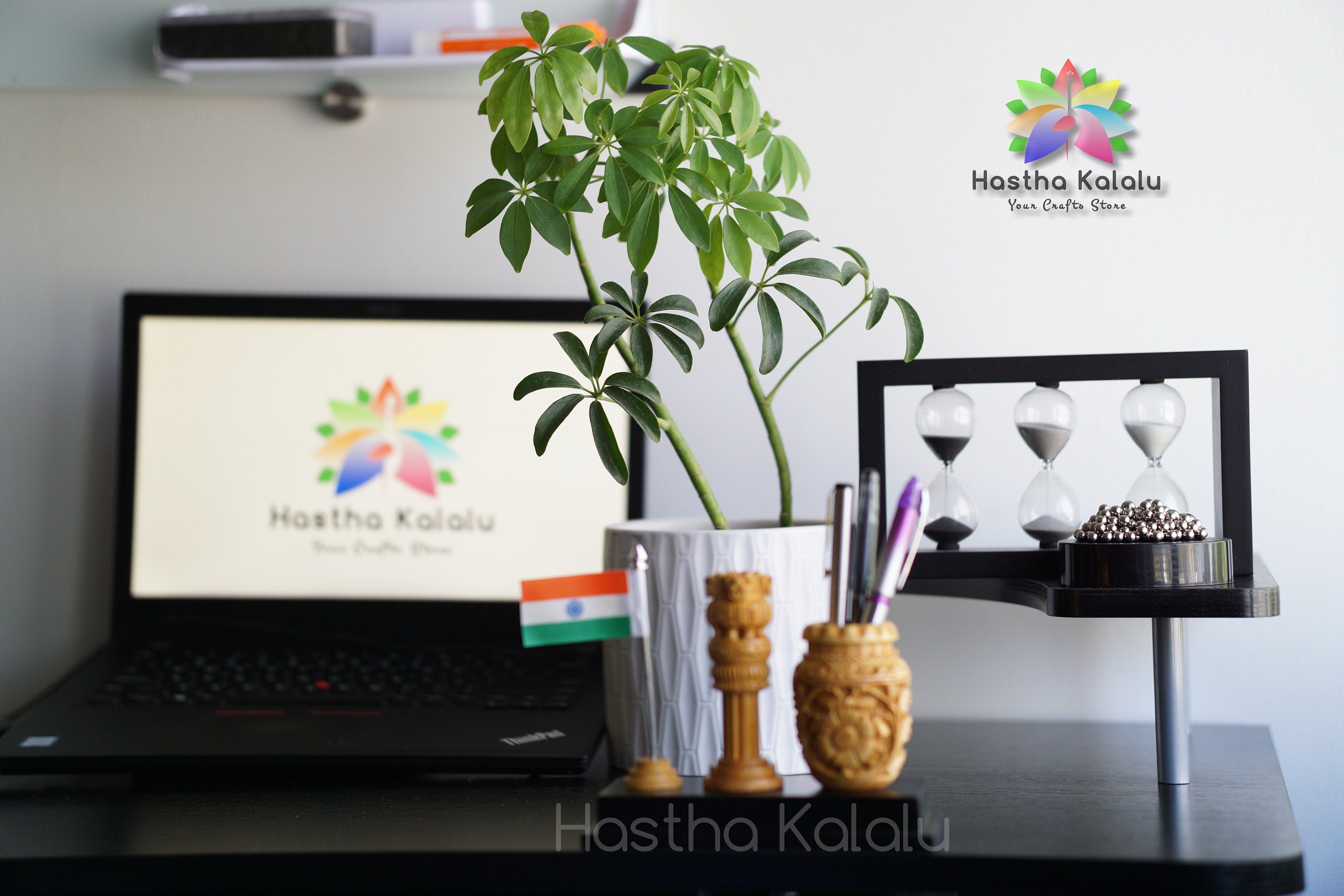 Pen holder with Ashoka pillar & Indian National Flag | Artistic Office Supplies | Table Top Stationery Holder