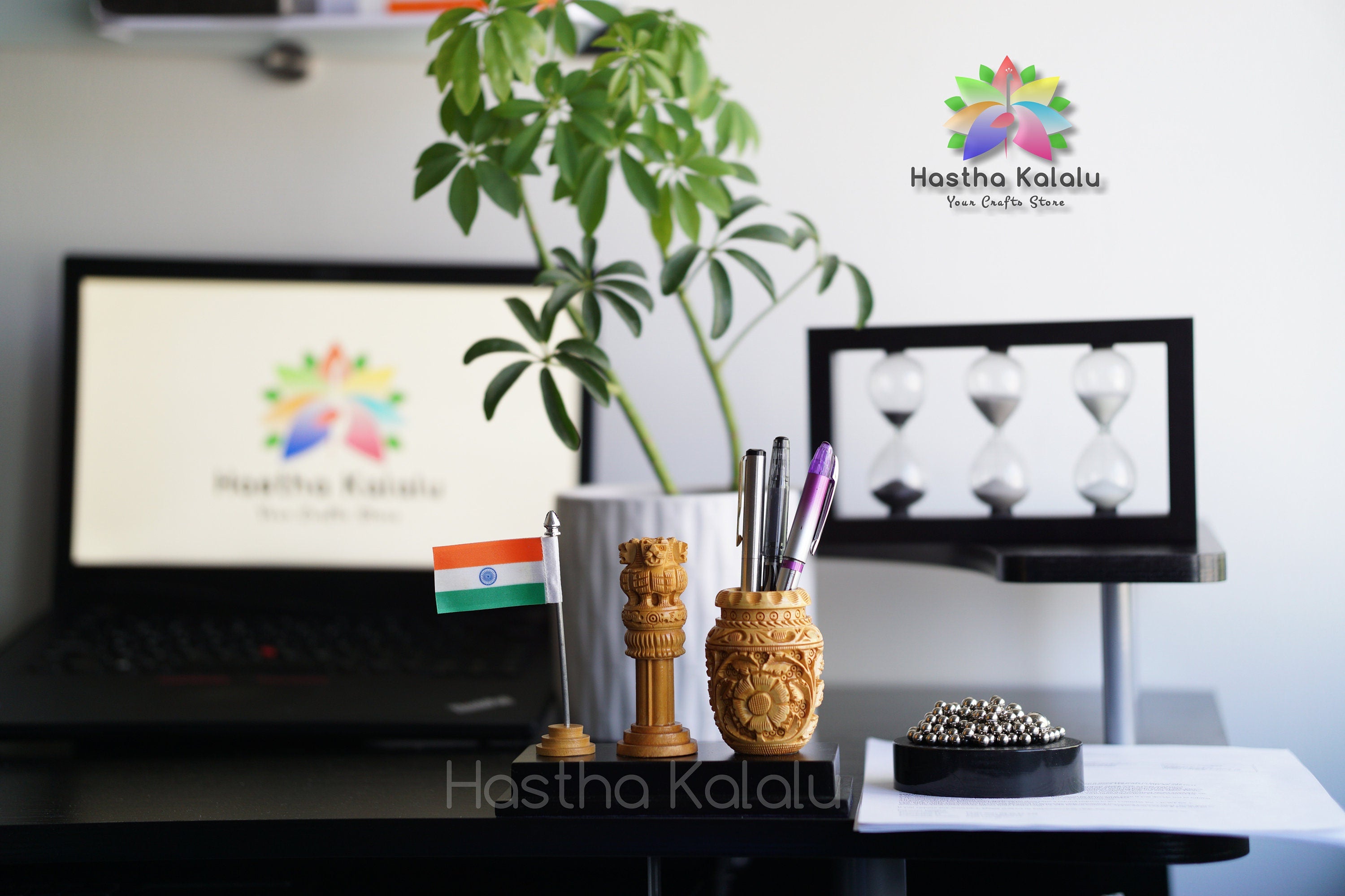 Pen holder with Ashoka pillar & Indian National Flag | Artistic Office Supplies | Table Top Stationery Holder