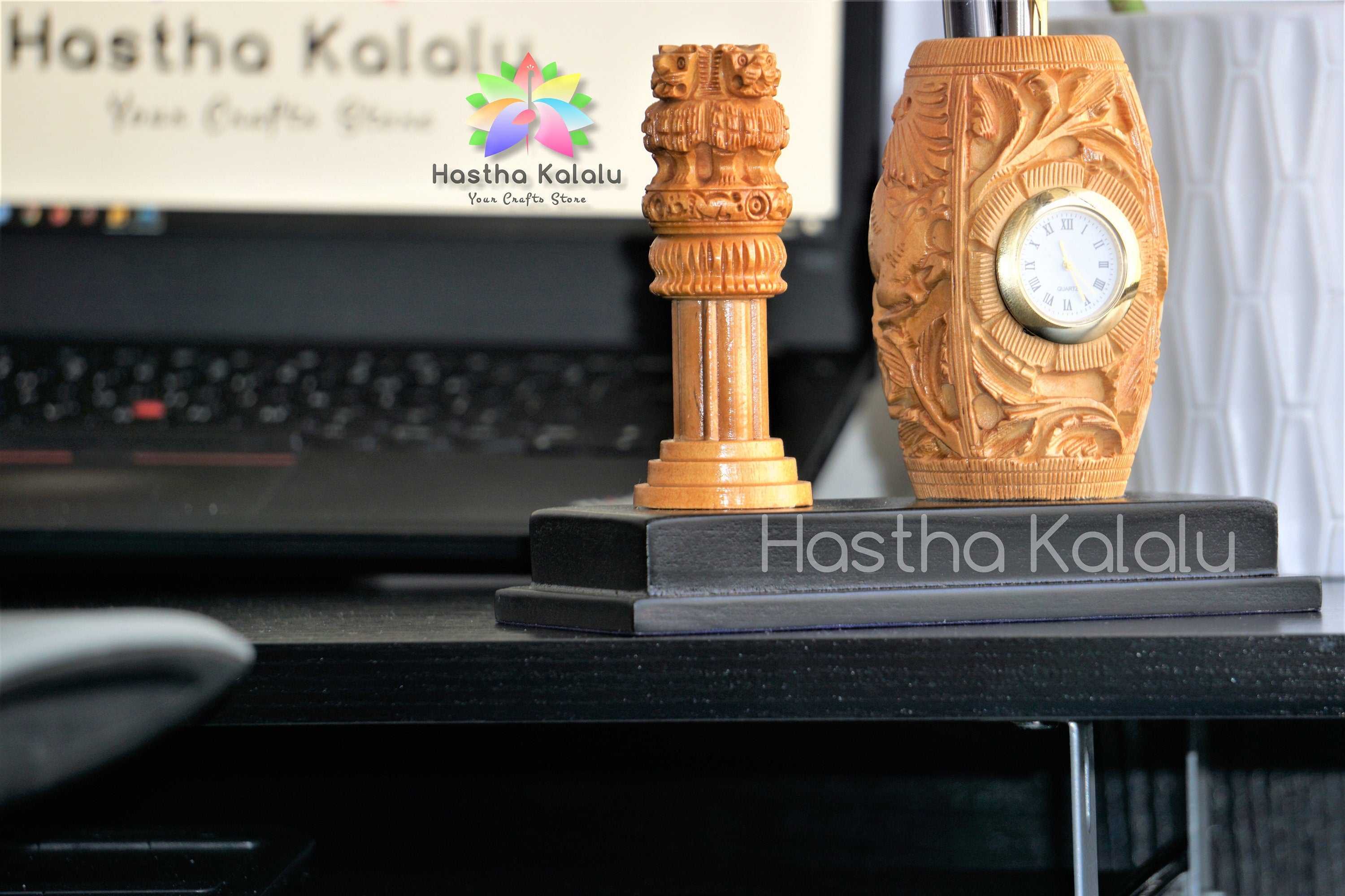Elegant Clock Pen holder with Ashok Stambh/ Indian National Emblem